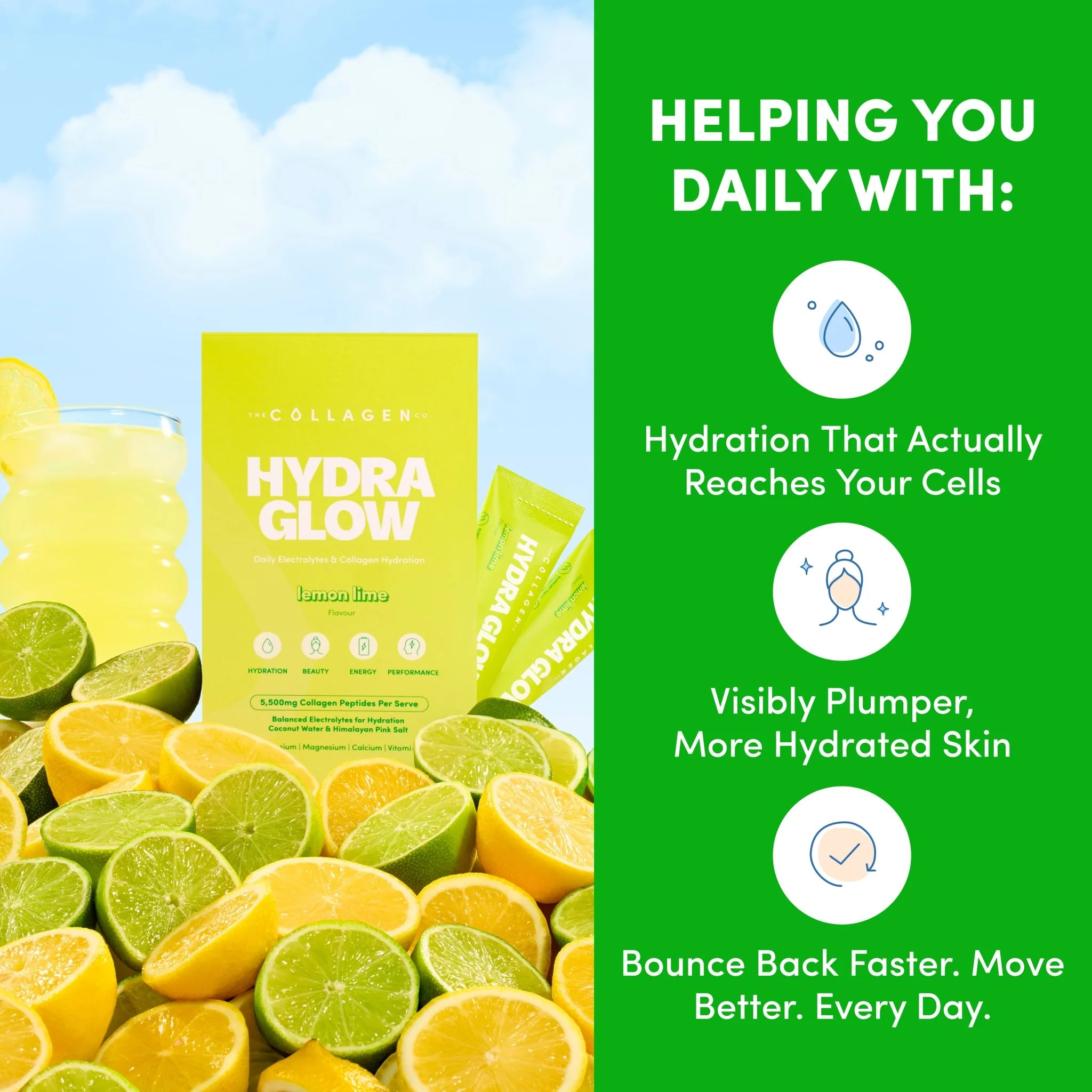 Lemon Lime Hydraglow Collagen Electrolytes Sachets - 210g - Image 3