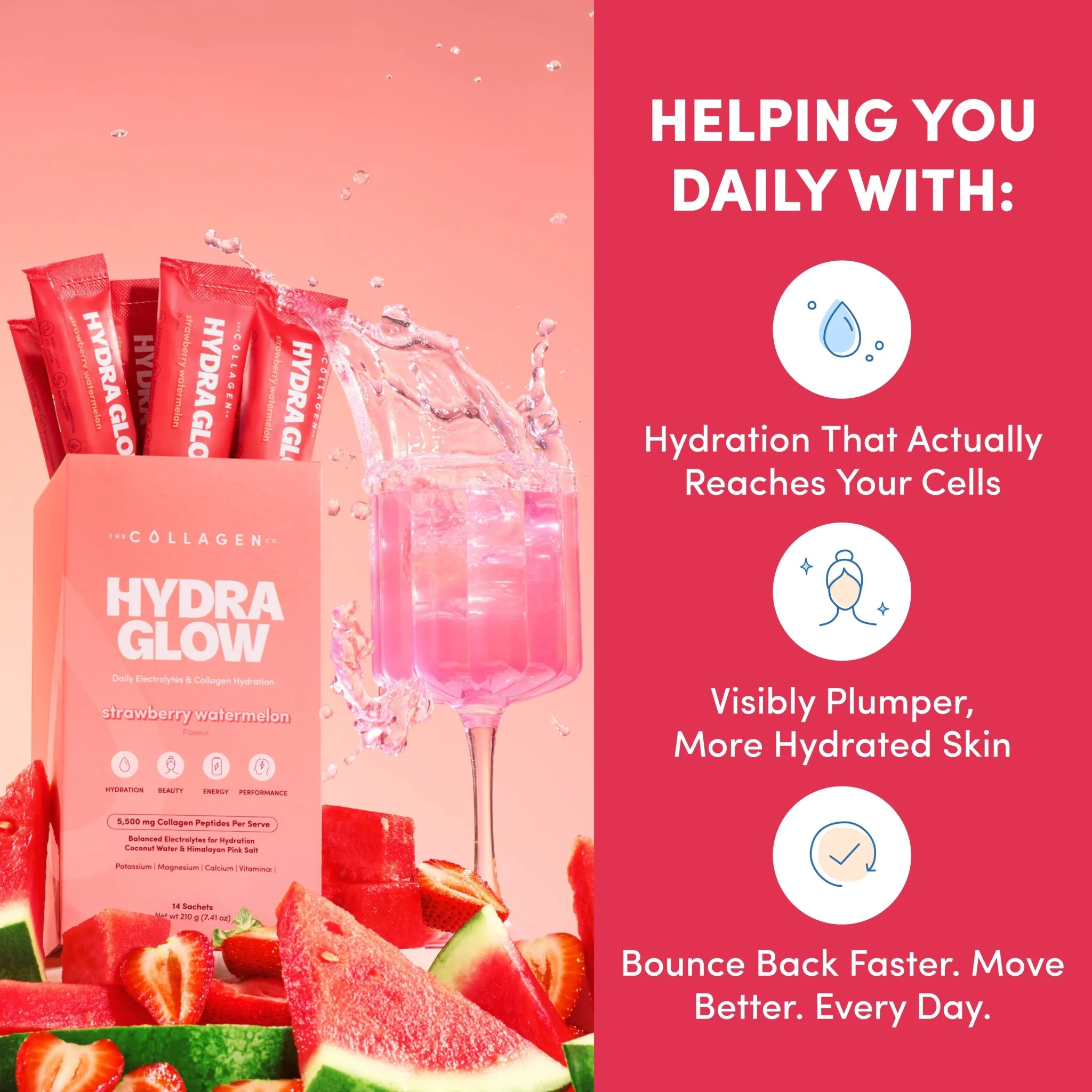 Strawberry Watermelon Hydraglow Collagen Electrolytes Sachets - 210g - Image 3